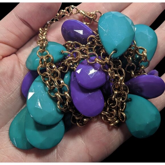 90s Themed Purple And Turquoise Gemmed Layered Fringe Necklace - Picture 5 of 6